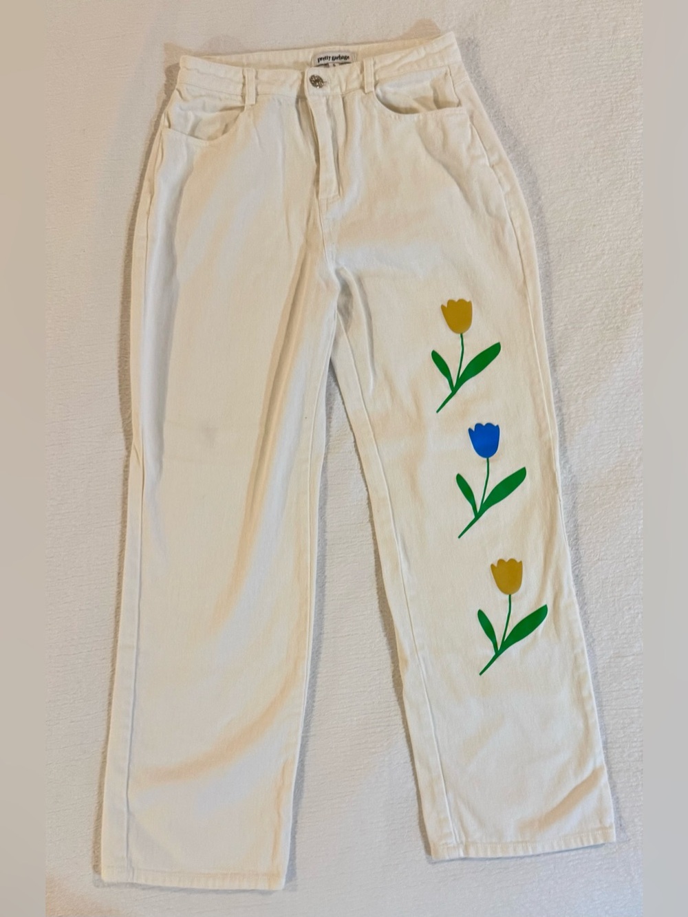 White Straight-Leg Jeans with Tulip Graphic